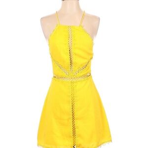 NBD Yellow Lace-Trim Halter Mini Dress